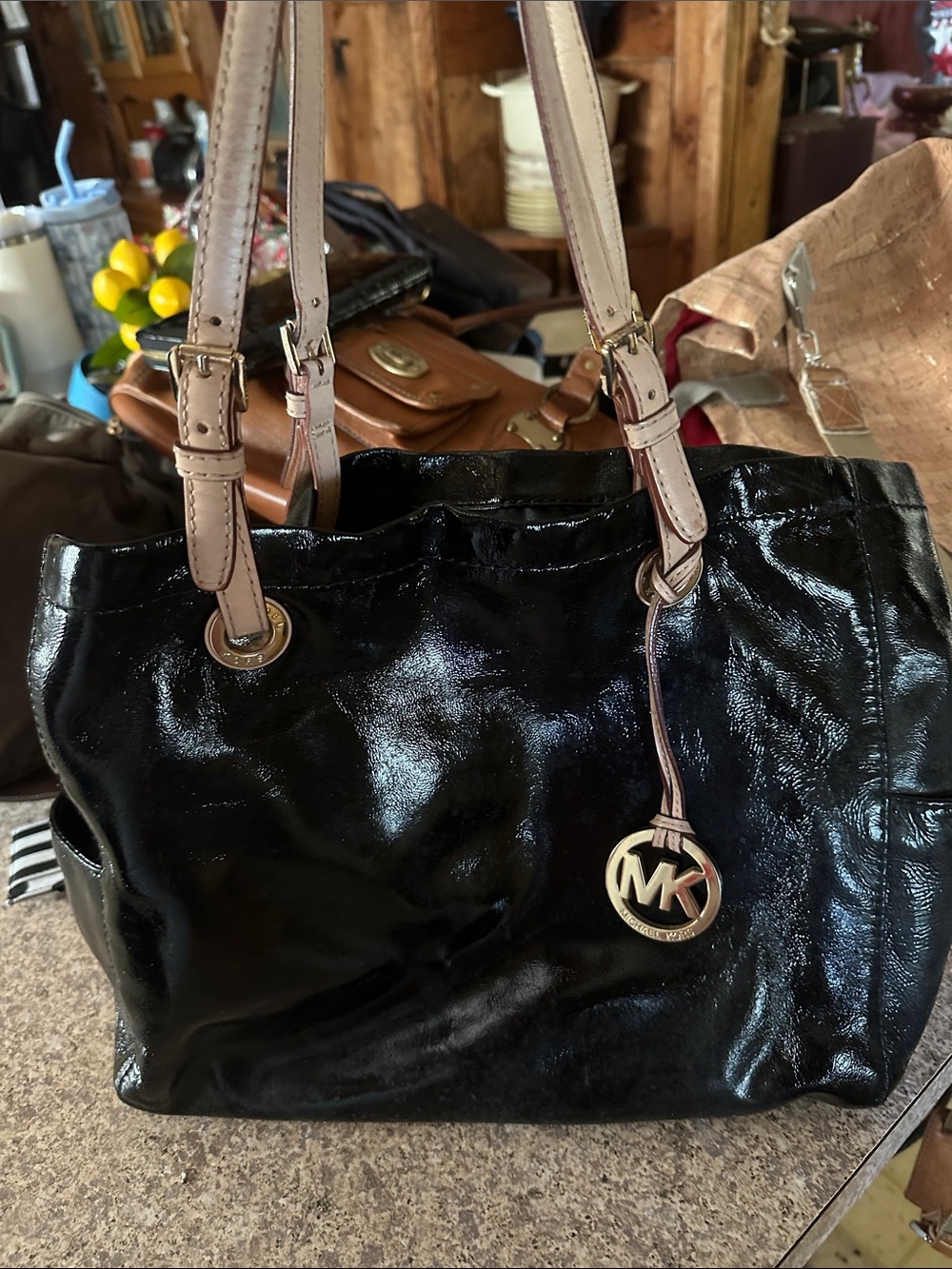 Michael Kors Black Patent Tote with Pale Taupe Straps and Gold MK Charm